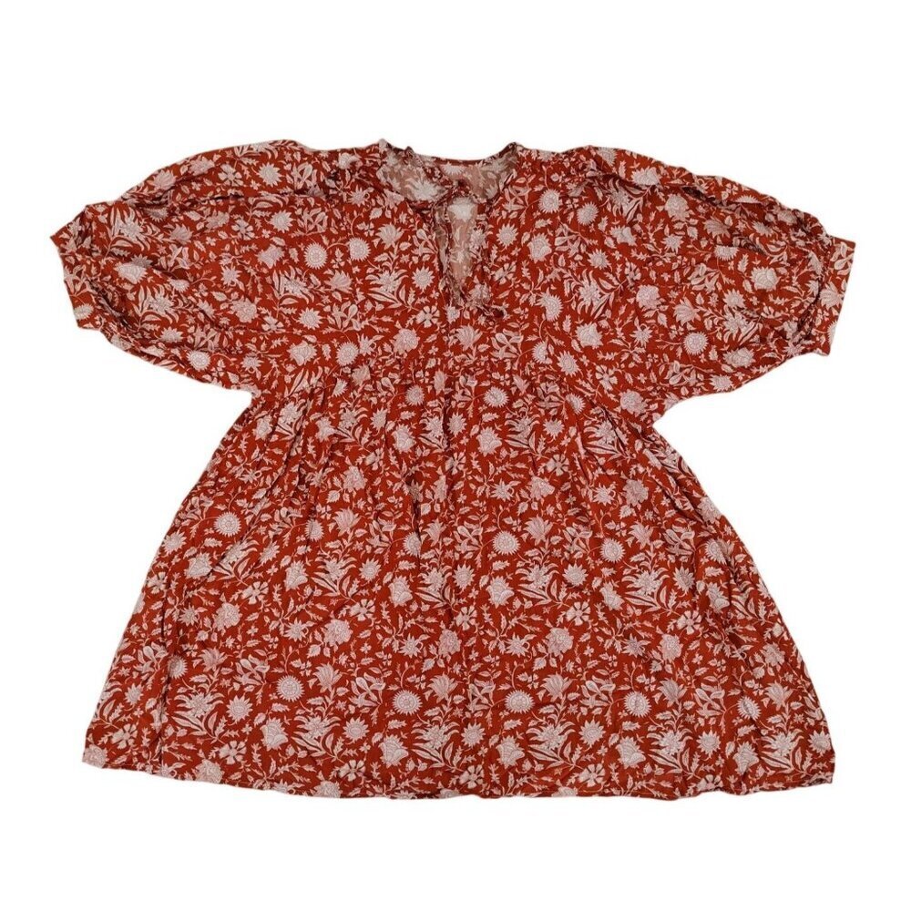 Boho Floral Balloon Sleeve Blouse Women M – Bohemian Bow Front Top NWOT
